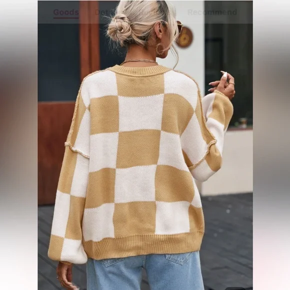 Pink Checkered Bubble Sleeved Crew Neck Knit Sweater - Picture 9 of 11